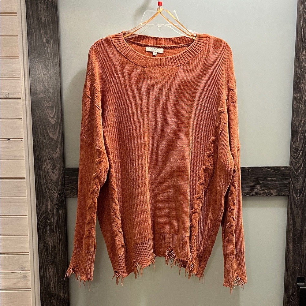 Easel Burnt Orange Distressed Crew Neck Sweater
